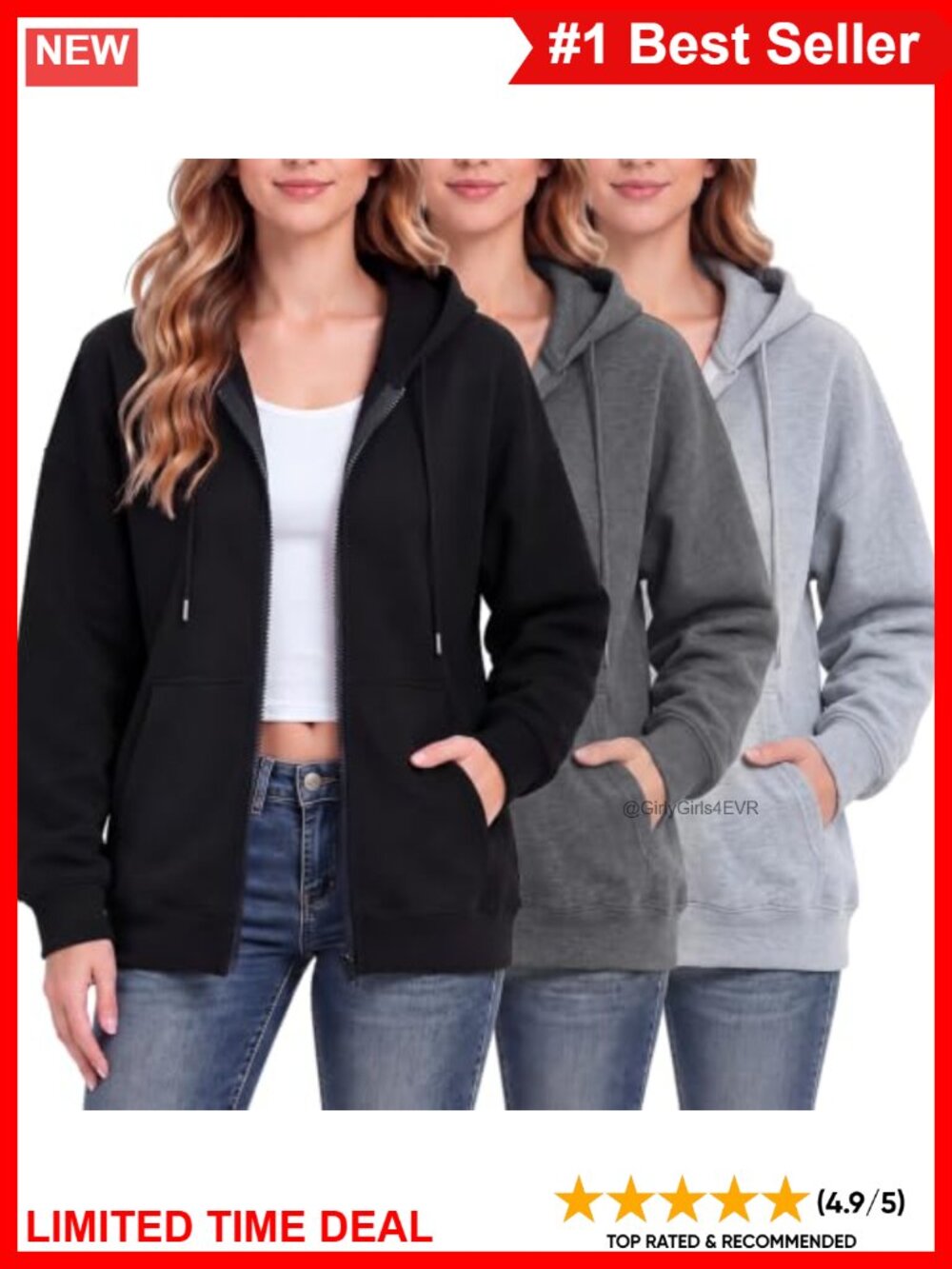 Women's Fleece Zip Up Hoodie Sweatshirt 3 Pack Long Sleeve